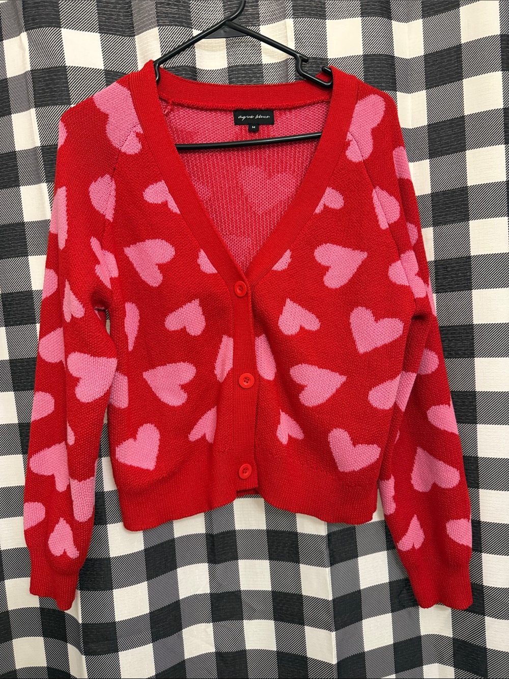 Agraria Red Cardigan with Pink Heart Pattern